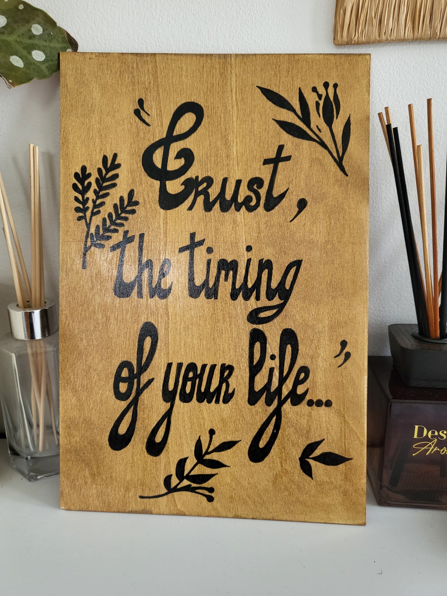 Light brown wood Art wall "Trust the timing of your life..."