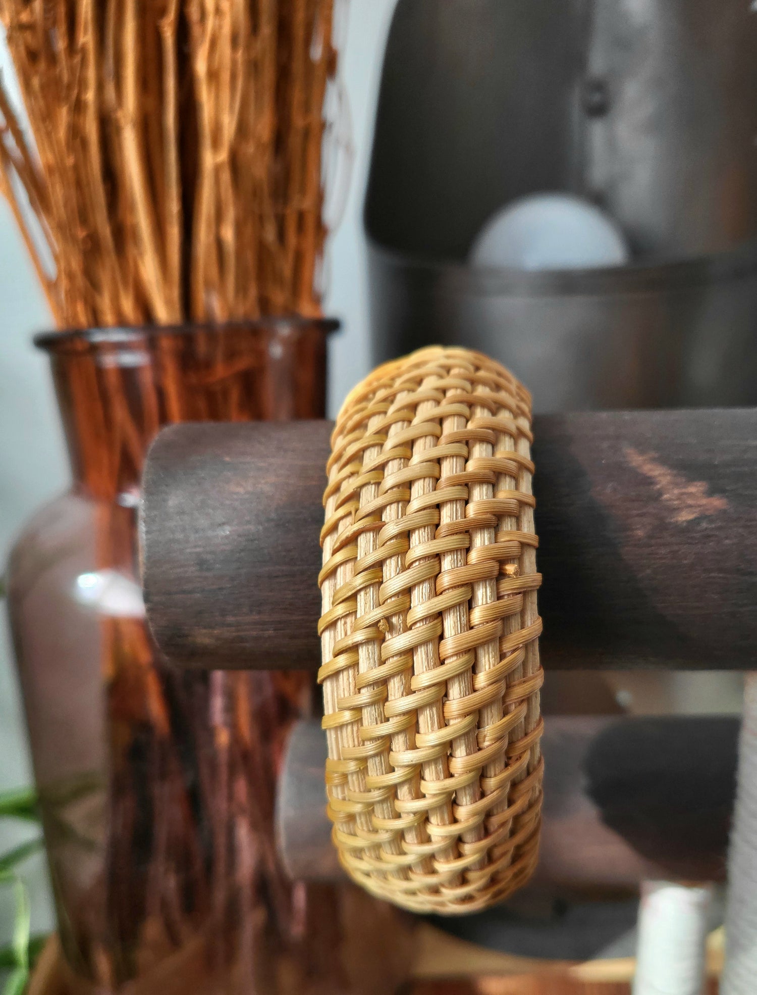 Light brown wood and bamboo weave bracelet