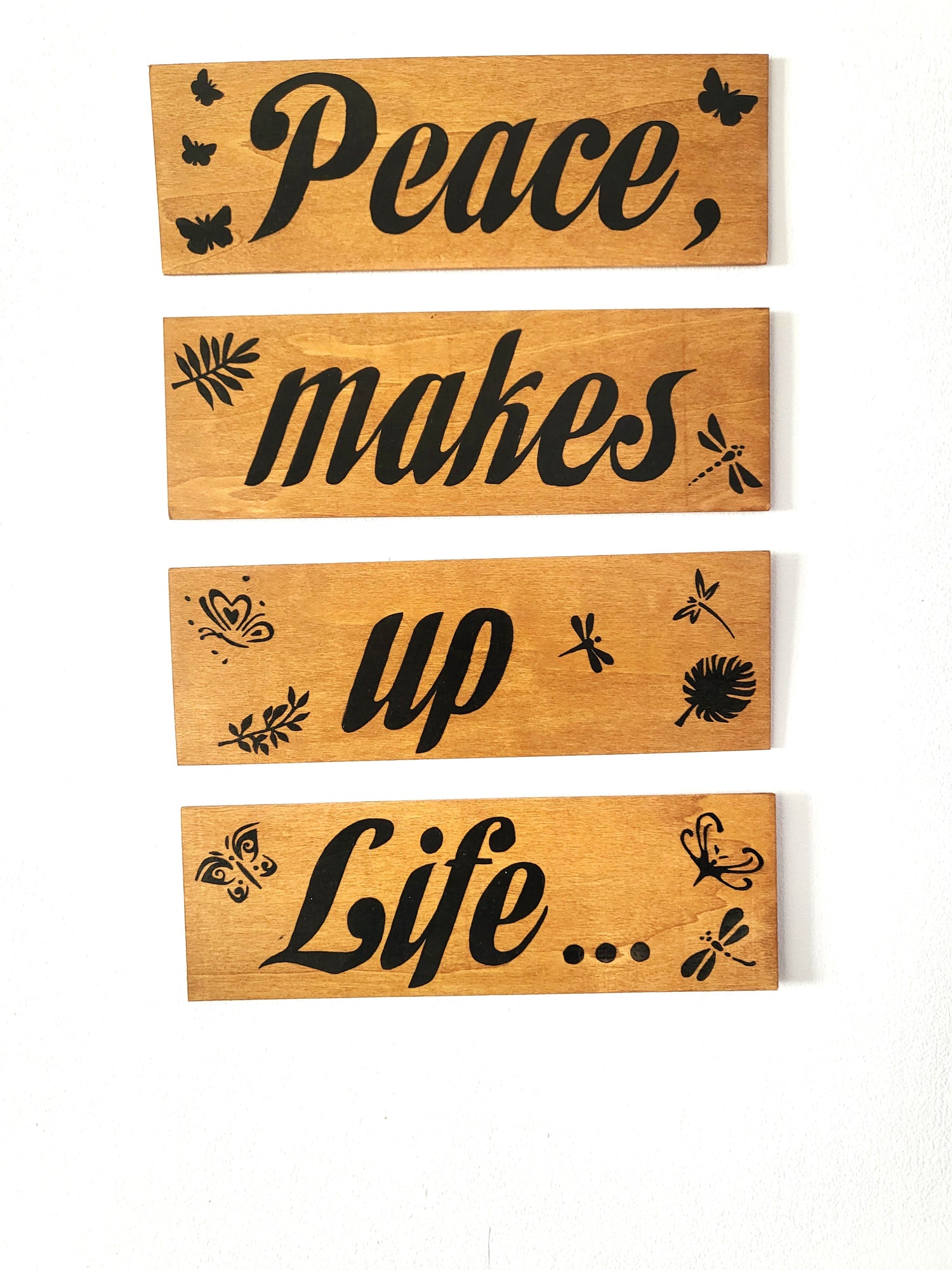 Versatile Brown Wood Art wall "Peace, makes up Life..." - Set of 4 pieces